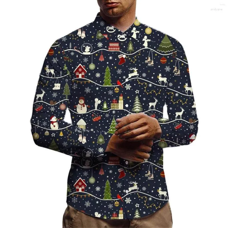 Men's Casual Shirts Men's Christmas Sleeve Fashion Men's Printed Autumn Winter Top Long Blouse Men Brown Spandex Bodysuit