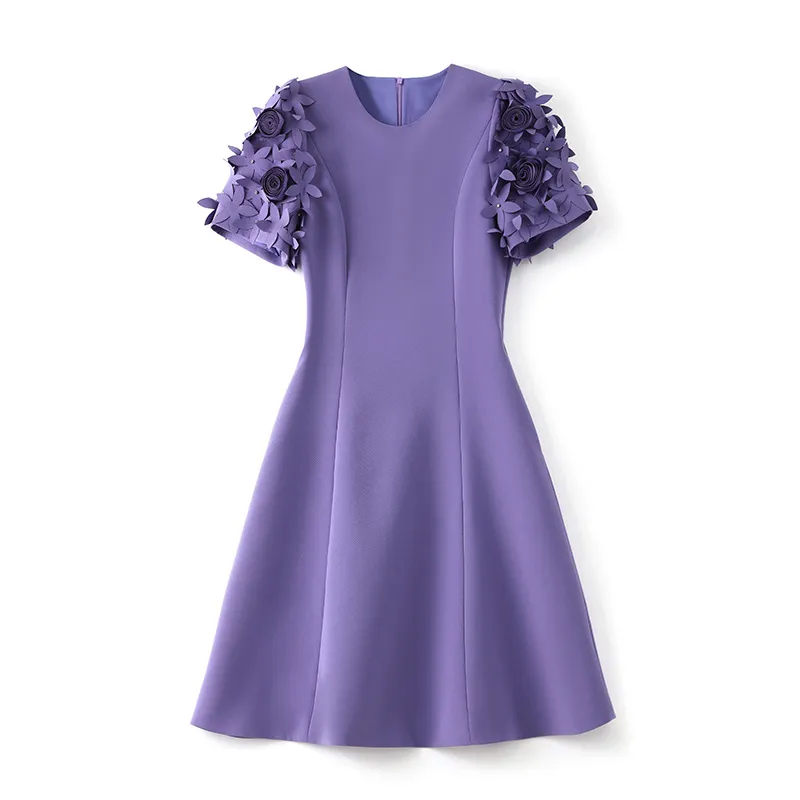 2023 Summer Purplesolid Color Dress Kort ärm Runda nack Knäslängd Casual Dresses W3L042304