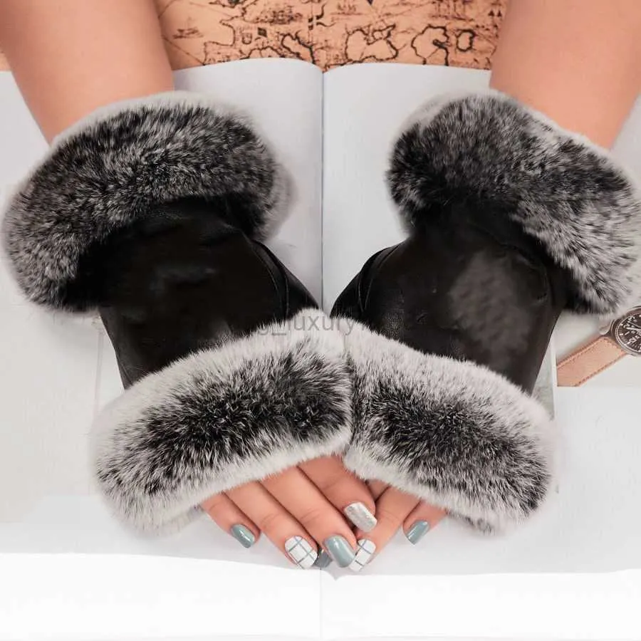 Luxe merk lederen handschoenen en wollen touchscreen konijnenhuid koudebestendige warme schapenvacht afscheidsvinger