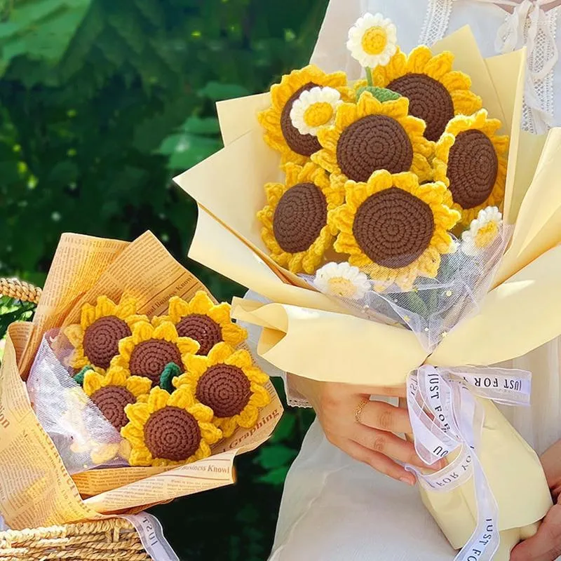 装飾的な花ヒマワリかぎ針編み織られた花の花束完成卒業式の人工ひまわり結婚式の好意部屋の装飾