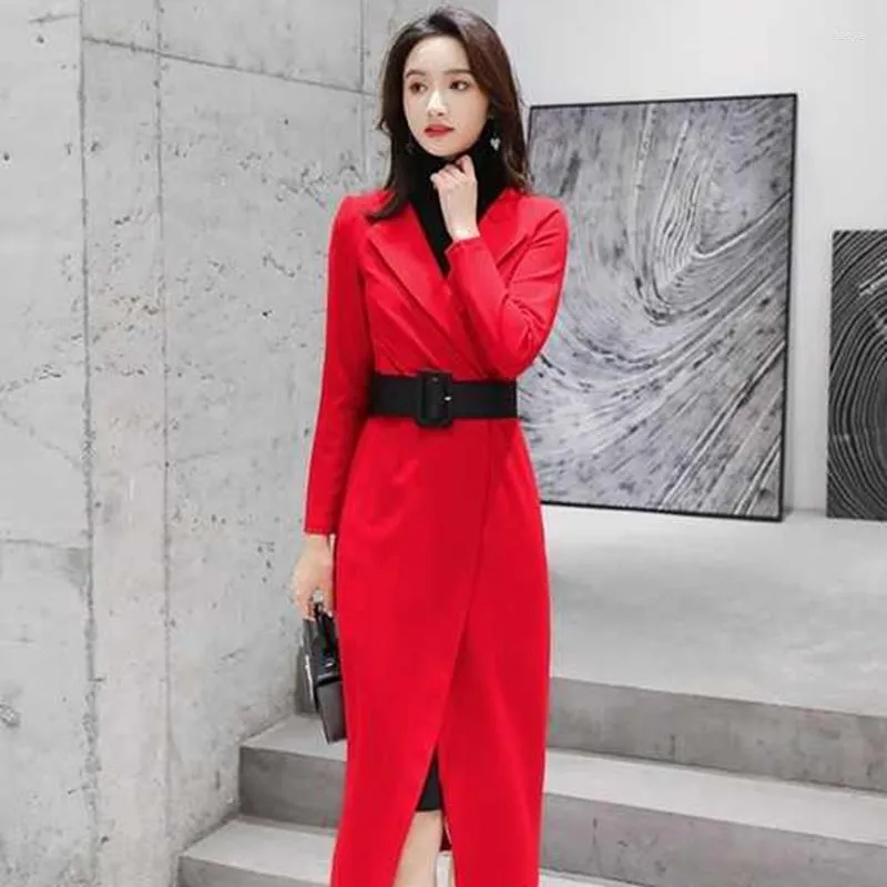 Vintage Red And Black Blazer Red Suit Dress For Women Autumn