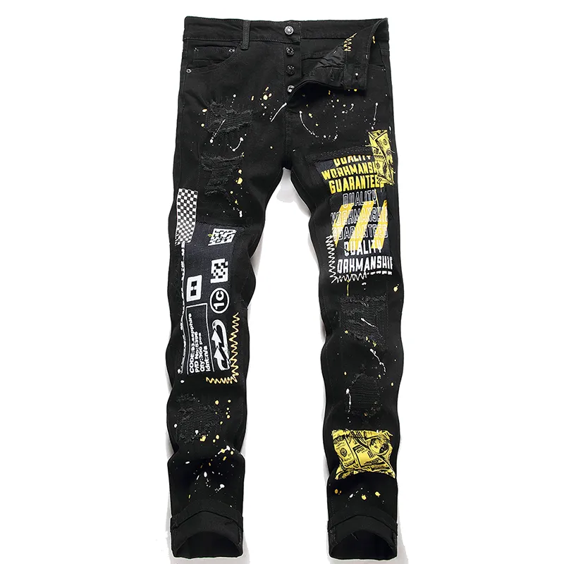 Jeans da uomo con stampa strappata nera Pantaloni skinny elasticizzati slim fit Pantaloni a matita da strada punk autunnali