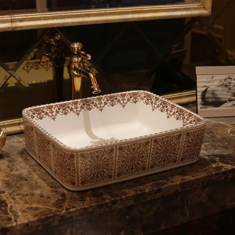 Rectangulaire Bleu et blanc Jingdezhen évier en céramique lavabo Céramique Comptoir Lavabo Salle de bains Lavabos évier de laboratoire Wvsuf