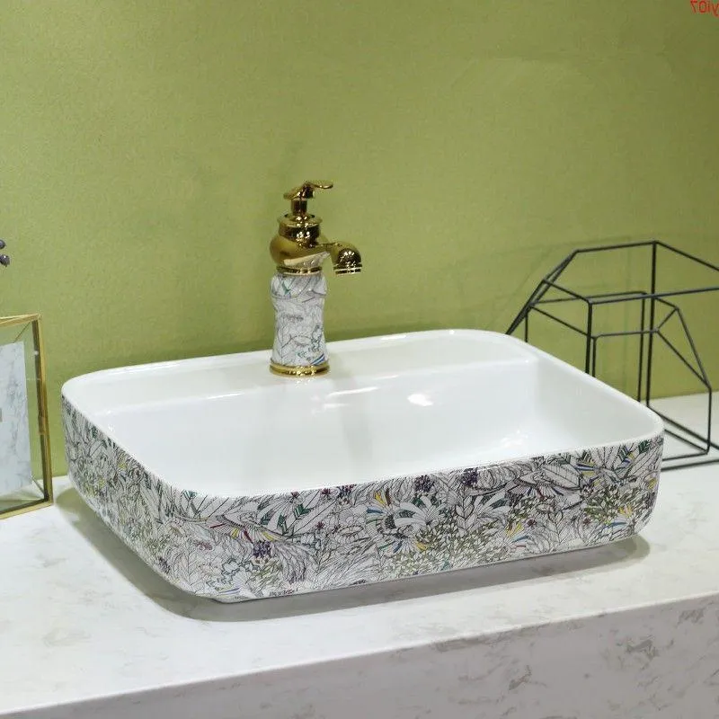 China Artistic Europe Style Counter Top lavabo da appoggio in porcellana lavelli da bagno vanità in ceramica Rectangulargood qty Ibidk