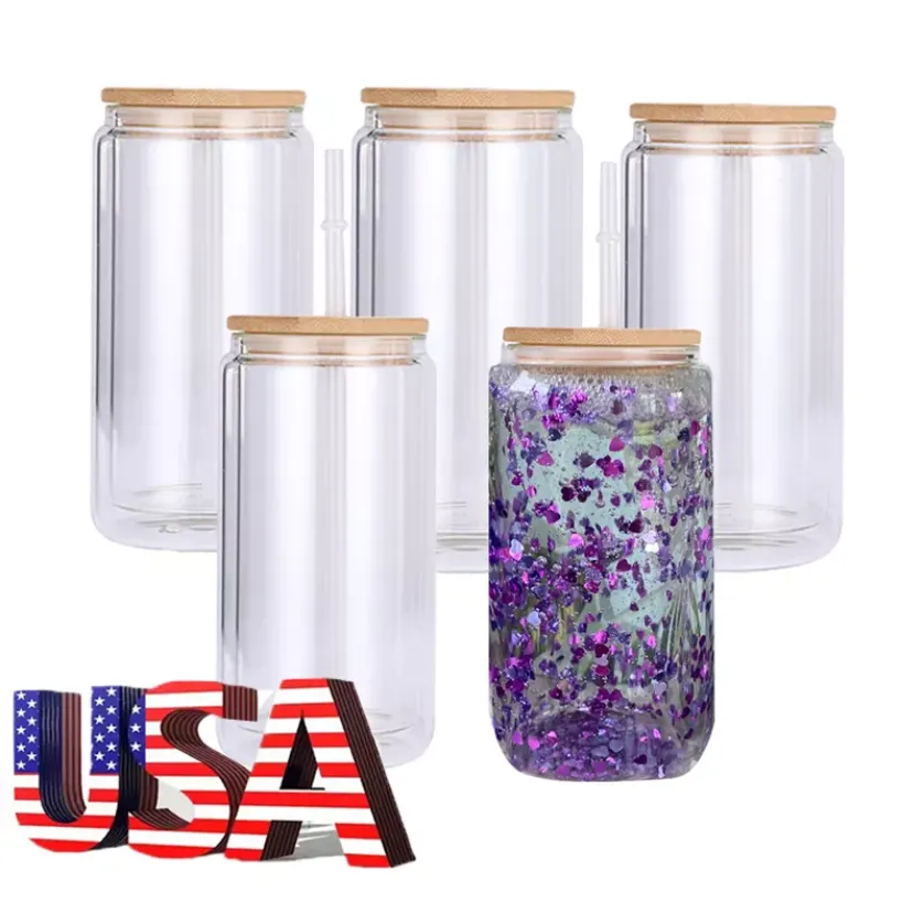 USA Warehouse 25er-Pack doppelwandige Sublimationsbecher à 20 Unzen aus Glas in Form einer durchsichtigen, bedruckten Schneekugel mit Deckel und Strohhalm JN26