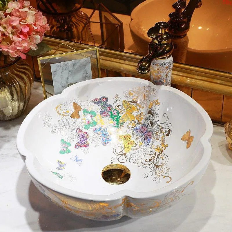 White China Artistic Handmade butterfly Ceramic Lavobo flower Countertop handmade ceramic small wash basin bathroom sinksgood qty Eibmf