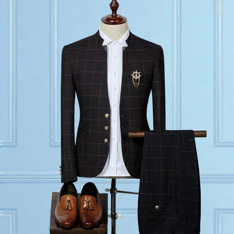 Herrenanzüge Herrenkleidung Retro-Stehkragen Karierter Anzug Slim Fit Zweiteiliges Set Tide Einreiher Für Männer Business Professional