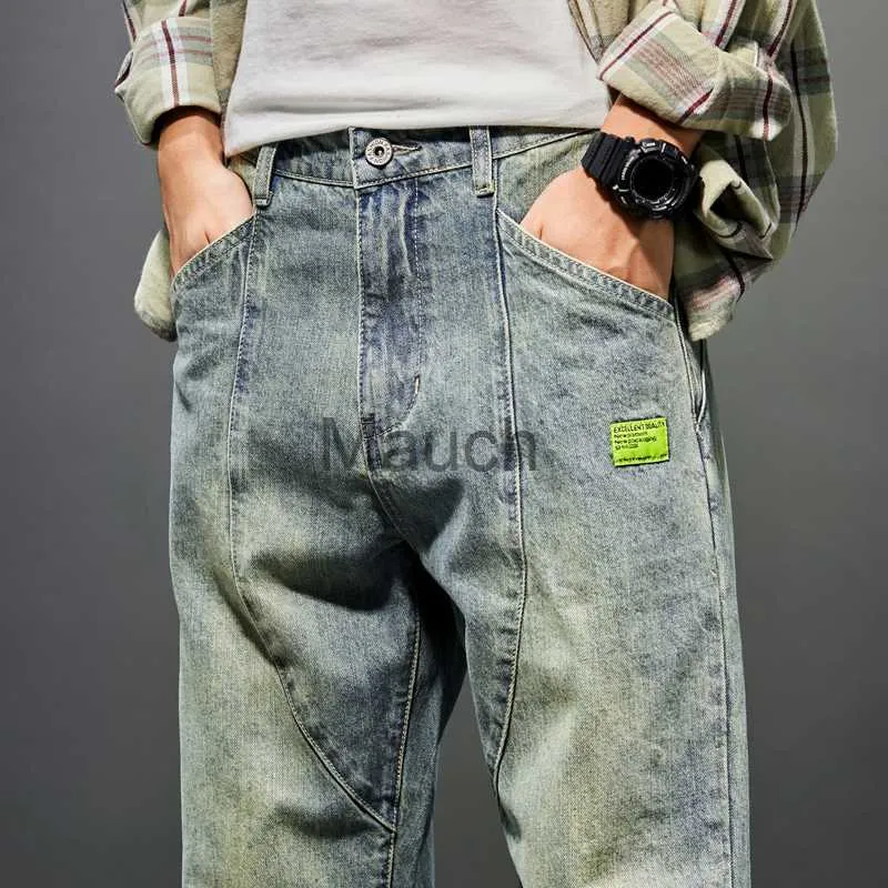 Męskie dżinsy retro niebieskie spodni haren dżinsy luźne fit 2023 Wiosna jesienna szeroka nogi spodnie dżinsowe spodnie męskie workowate spodnie J230626