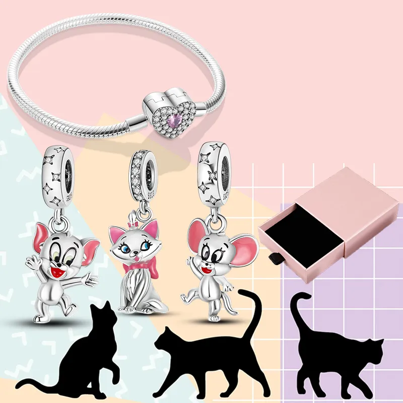 925 Silver Fit Pandora Charm 925 Bracelet Black Cat Pet Dog Charm Set Paw Schnauzer Akita Pug charms set Pendant DIY Fine Beads Jewelry