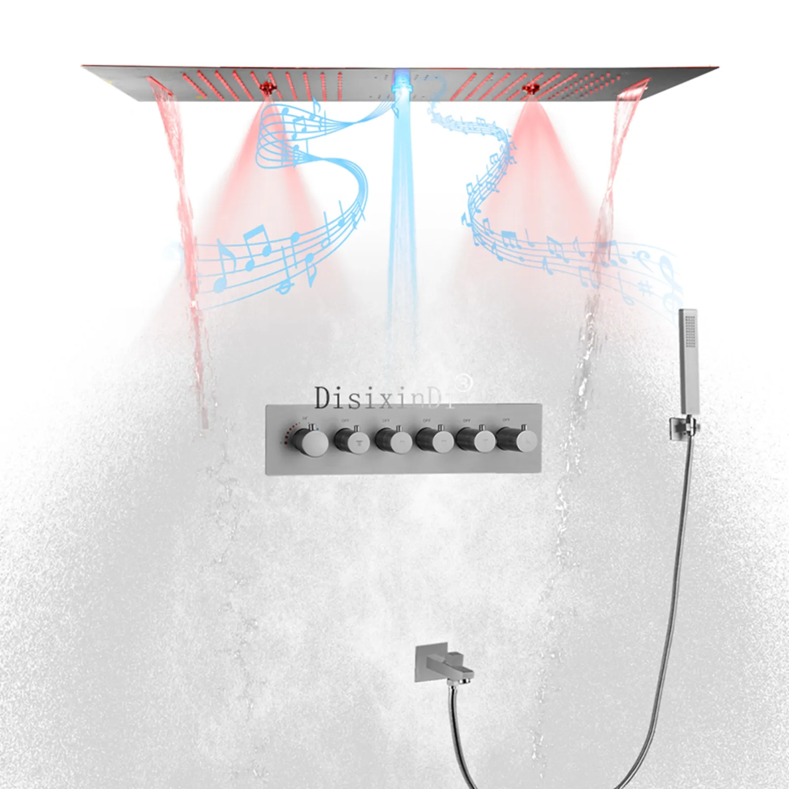 900X300mm Música 5 Funciones Sistemas completos de ducha de lluvia Desviador termostático oculto Grifos de ducha de baño Latón