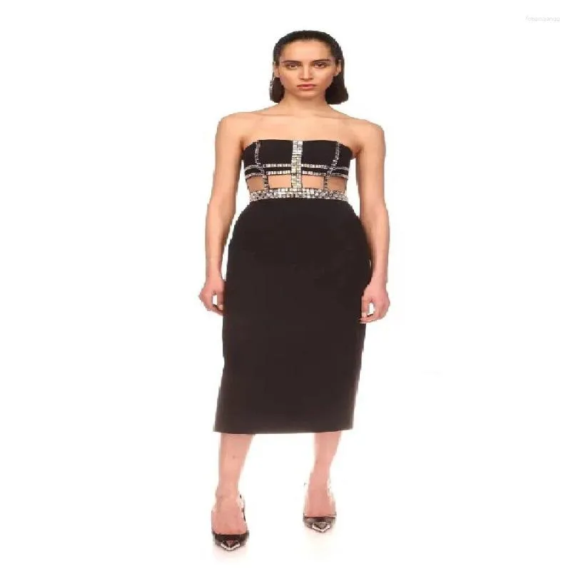 Casual Dresses Embroidered Flares Hollow Out Design Bodycon Bandage Dress Women Sexy Black Mid-Calf Sleeveless Club Evening Party Gown 2023