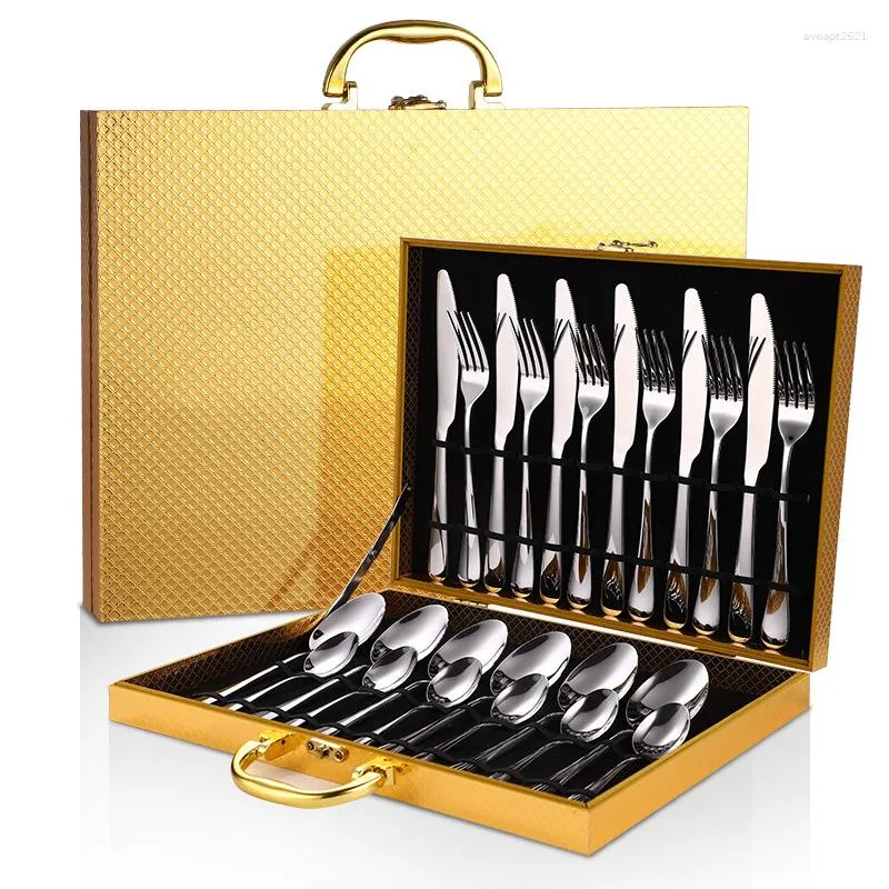 Dinnerware Sets Stainless Steel Western Tableware 24 Piece Wooden Box Set Steak Knife Fork And Spoon For 6 Persons