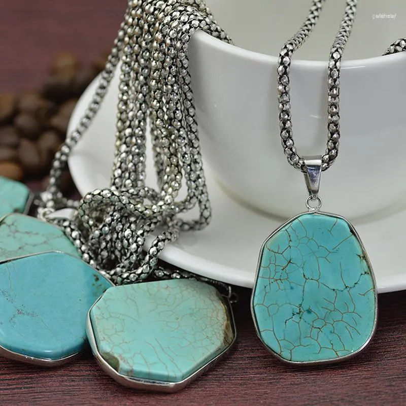 Boho Turquoise Pendant Necklace: Vintage Style Raw Stone Choker for Women,  Men Ethnic Reiki Healing Crystal Jewelry, Big Size Mineral Chain