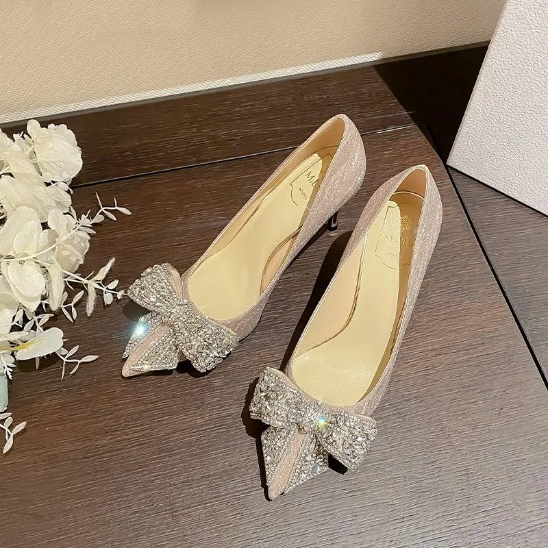 Silver Rhinestone Stiletto Beige Dress Shoes With Crystal Bow And Pointed  Med Heel For Women Elegant And Sexy Party Shoes For Spring 2023 From  Penling, $32.85