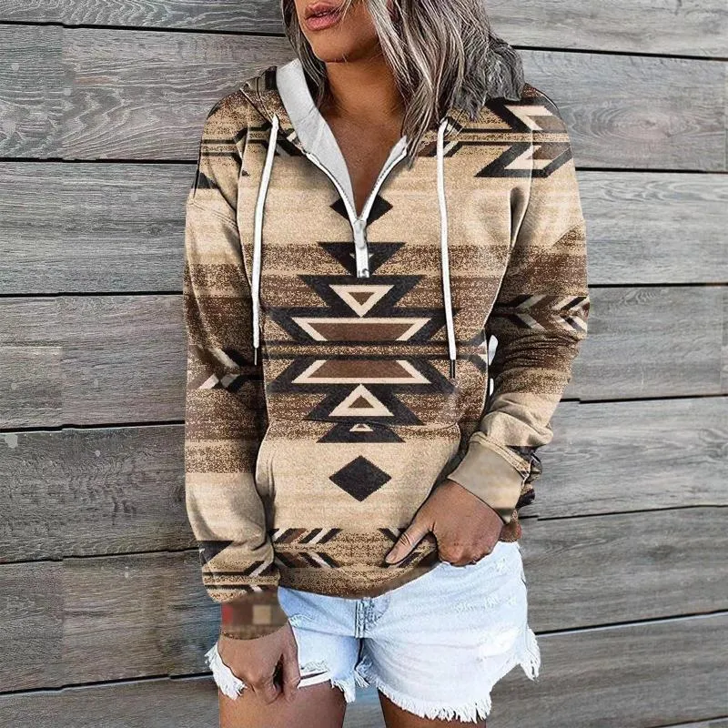 Women's Hoodies Autumn Winter Retro Western Ethnic Geometric Sweatshirt Women's Casual Vintage Loose Hooded Sweatshirts Boho Pullovers