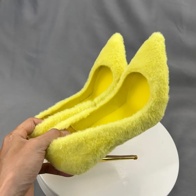 Women Pumps 2023 Newest Yellow Short Fur Warm Pointy Toe 12cm Thin High Heels Slip On Dress Zapatos Shoes Woman Plus size 33-45