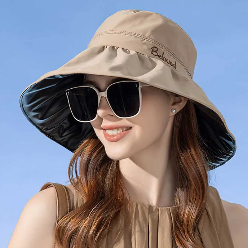 Luxury Bucket Hat for Women Summer Anti-UV Large Brim Sun Hat Pleat Design Letter Embroidery Outdoor Hiking Camping Casual Cap