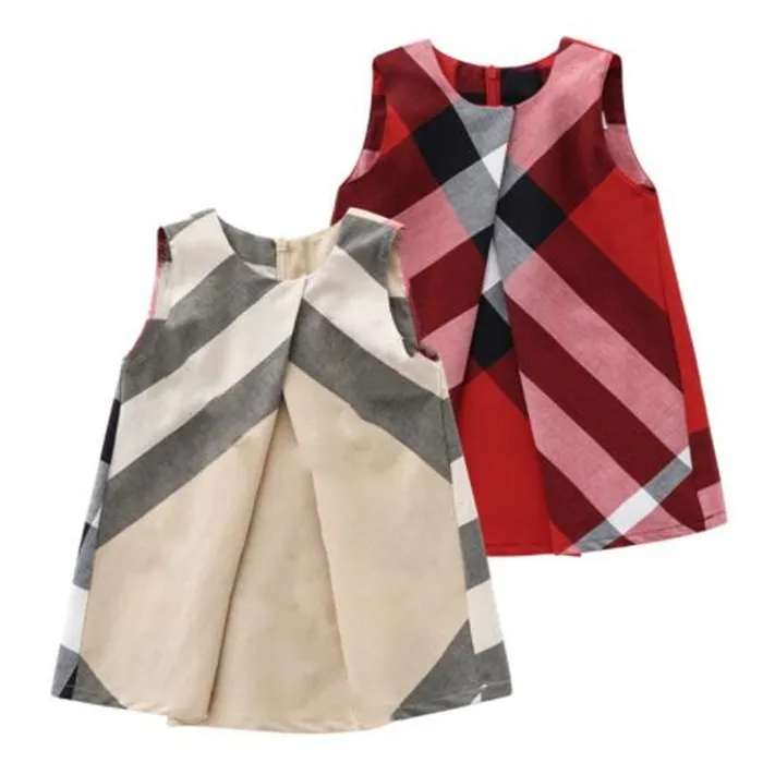 ホットスタイルの綿の女の子のドレスかわいい幼児の子供ベイビーラウンドカラーノースリーブドレス夏の格子縞のプリンセススカートファッション子供服