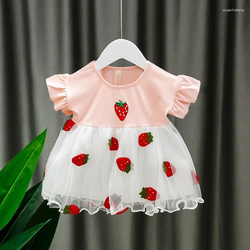 Girl Dresses Baby Dress Ruffle Sleeve Princess Strawberry Cute Tulle Birthday Party Tutu Ball Gown Casual Kid Clothing A958