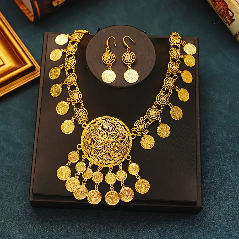 Gold Plated Copper Coin Pendant Necklace Earrings Set for Women Muslim Arab Islamic Wedding Jewelry 2024 Gift