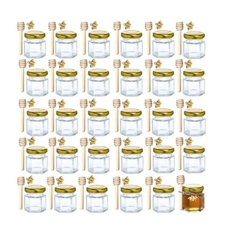 Förvaringsflaskor burkar 20pack 15oz hexagon mini glas honung med trä dipper guld lock bi hängen jutes perfekta för baby duschar parti 230625