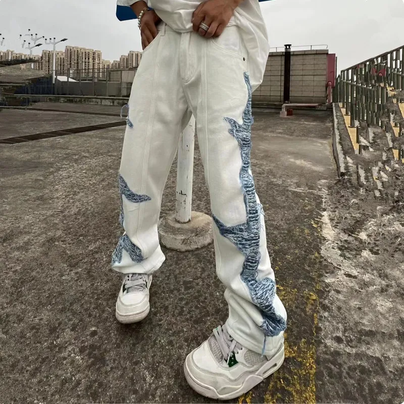 Men's Jeans Cool Design Patchwork White Cotton Men Baggy Pants Y2K Clothes Straight Hip Hop Punk Loose Denim Trousers Ropa Hombre 230625