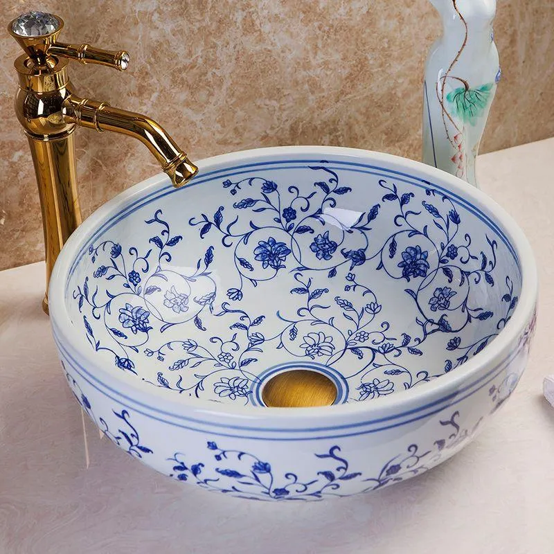 Rose blau weiß Keramik Art Basin Waschbecken Europa Vintage Stil Aufsatzwaschbecken Badezimmer Waschbecken Eitelkeiten Porzellan Waschbecken Handwaschbecken Arabq