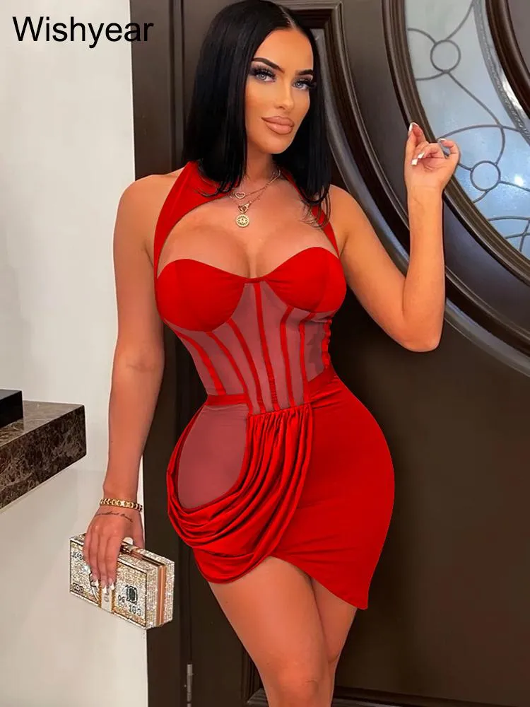 Robes Année Nude Mesh INSERT CAGEM MINI RHADE FEMMES FEMMES POURTURE ANNIVERSAIRE NIGHT CLUB TORRES IRRÉGULAIRE CORSET CORSET HOLTER BOOLCON VESTIDOS