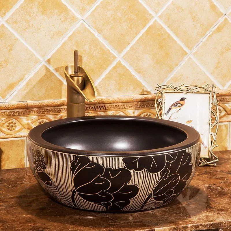 Black Lotus Hand Painted Ceramic Vessel Sink For Bathroom Vanity