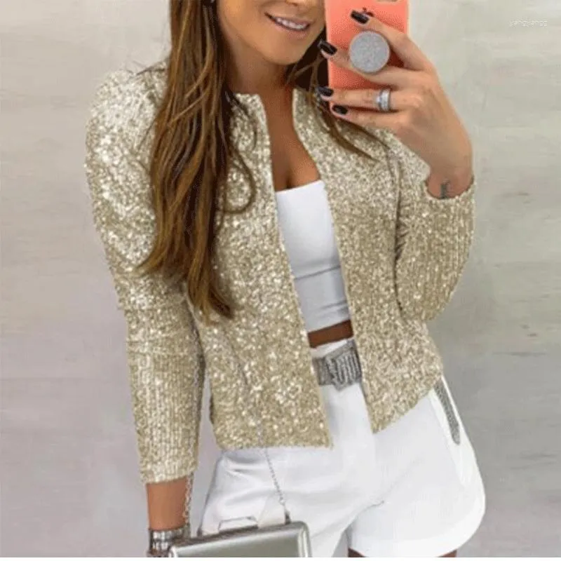 Women's Jackets STYLISH LADY Sparkly Sequin Jacket 2023 Autumn Women Long Sleeve Gold Silver Cardigan Street Club Shiny Glitter Coat