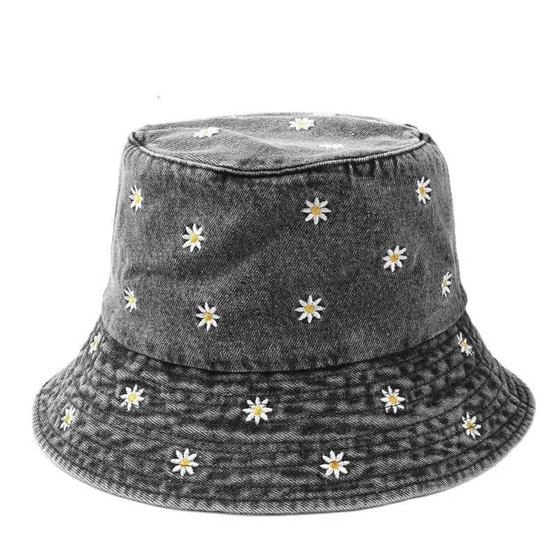 Stingy Brim Hats Spring Denim Cartoon Flower Embroidery Bucket Hat Fisherman Hat Outdoor Travel Sun Cap For Girl And Women 158 230626