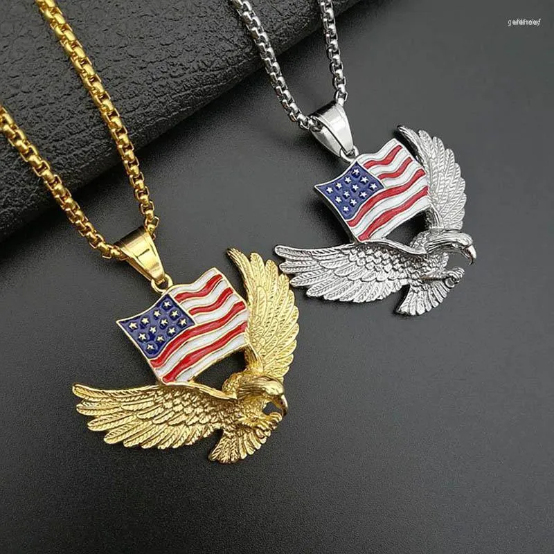 Collane con ciondolo Hip Hop Rock Titanio Acciaio inossidabile Bandiera americana Eagle Hawk Collana con pendenti per gioielli da uomo Colore oro