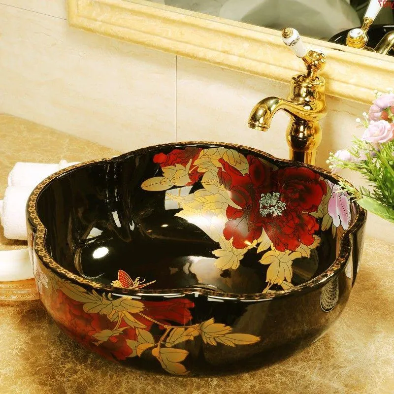 Forme de fleur Chine Lavabo en céramique fait à la main Europe Lavabo de salle de bain artistique luxueux Lavabo en céramique chinoise lavabosgood qty Slvut
