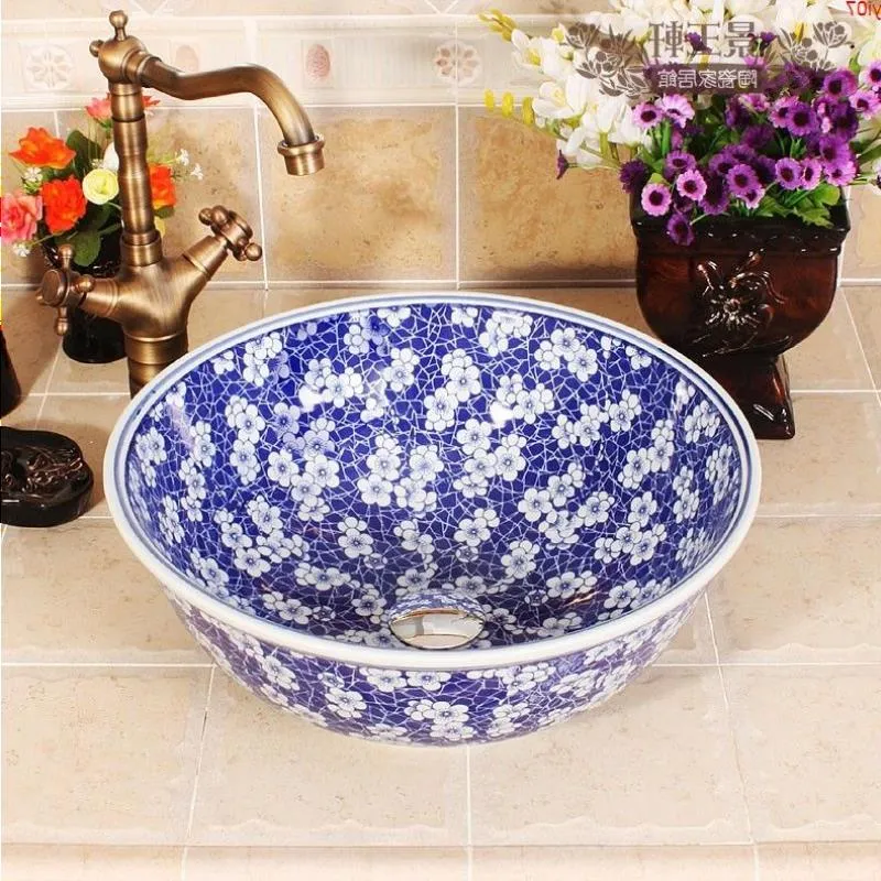 Jingdezhen Ice Plum Blossom Design Ceramic Sink Blue Wash Basin do hotelu i homehigh Quatity Rhqgo