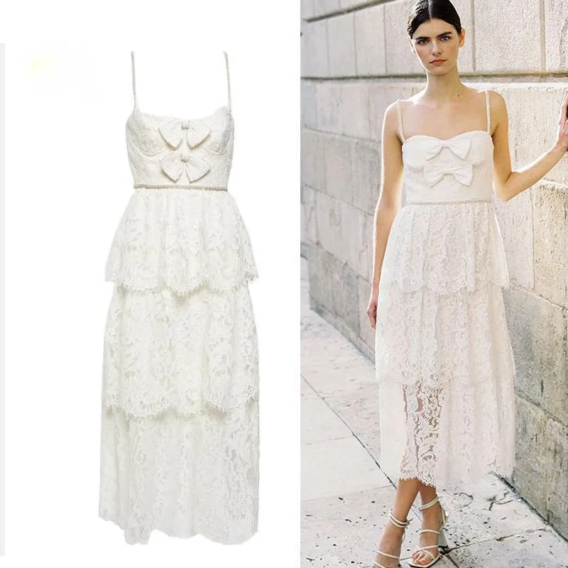 Casual Dresses White Midi Long Lace Prom Women 2023 Summer Crystal Strap Beaded Bowknot Glitter Vestidos Quality Brand Party Outfits