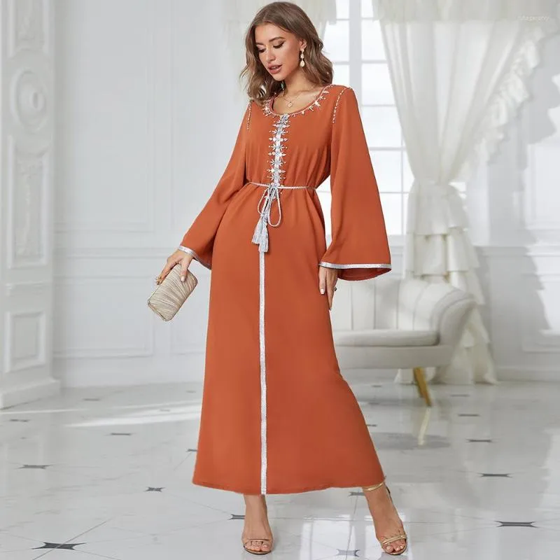 Vêtements ethniques mode musulman ramadan 2023 femmes diamant maxi robe orange long manche en liberté