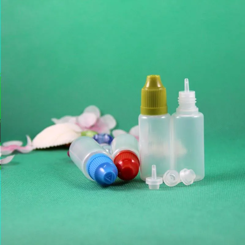 100 مجموعة / مجموعة 15 مللي زجاجات قطارة بلاستيكية مقاومة للأطفال برأس رفيع طويل PE آمنة لعصير بخار السائل الإلكتروني e-Liquide 15 مللي Wjxvi