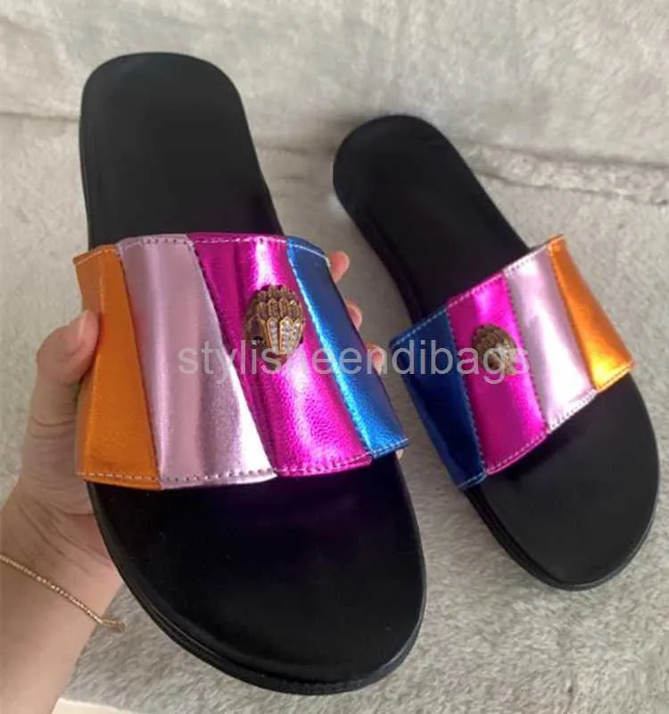 Buty designerskie Kurt Geiger Flat Bottom Kaptety Women Splice Rainbow Sandals Eagle Head Inklaid Diamond Slipper Summer Flip Flip Flip Flip Stylisheendibags