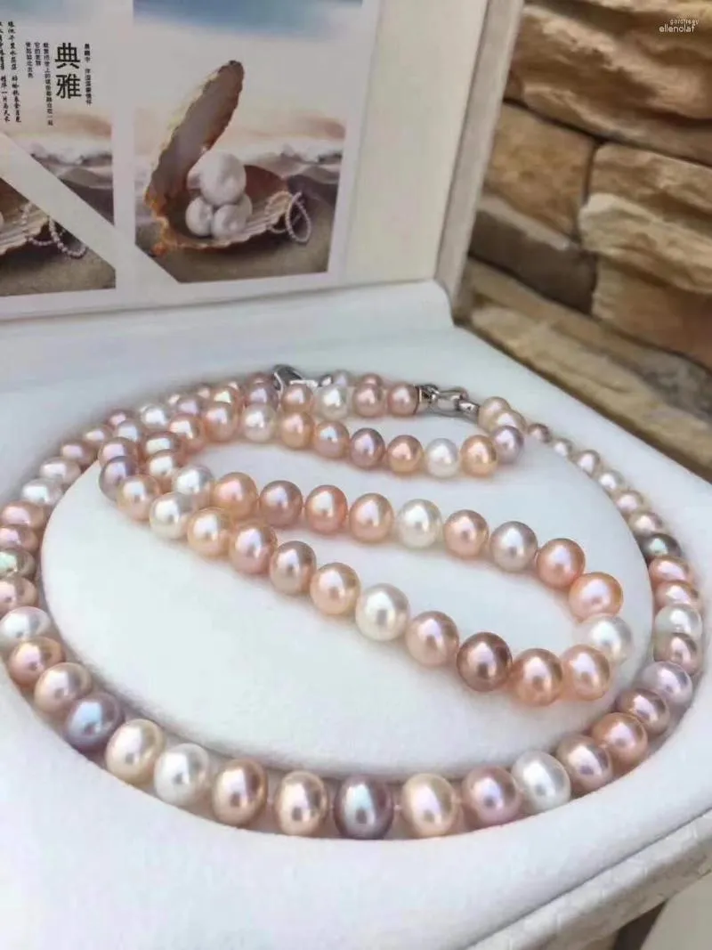 Chains High Chic Fresh Water 9-10mm Near Round Mix Color Orange Purple White Genuine Pearls Necklaces For Women Holidays Presents