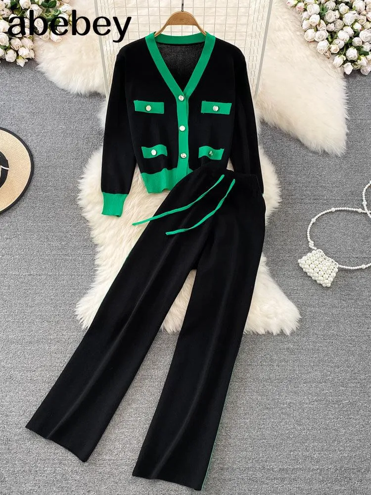 レディースツーピースパンツエレガントニットスーツ女性セット2023春の韓国のセーターカーディガンとファッションワイドレッグパンツシックレディース衣装