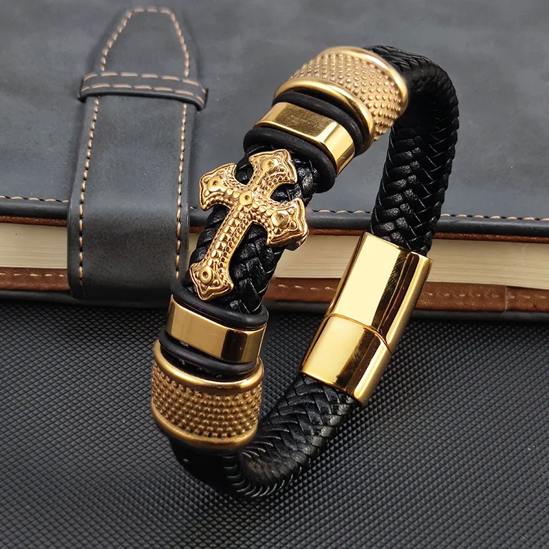 Pulseira MingAo Fashion Vacuum Plating Gold Single Layer Cross Leather Bracelet Charm Bracelet Men's Hand Jewelry for Women 230626