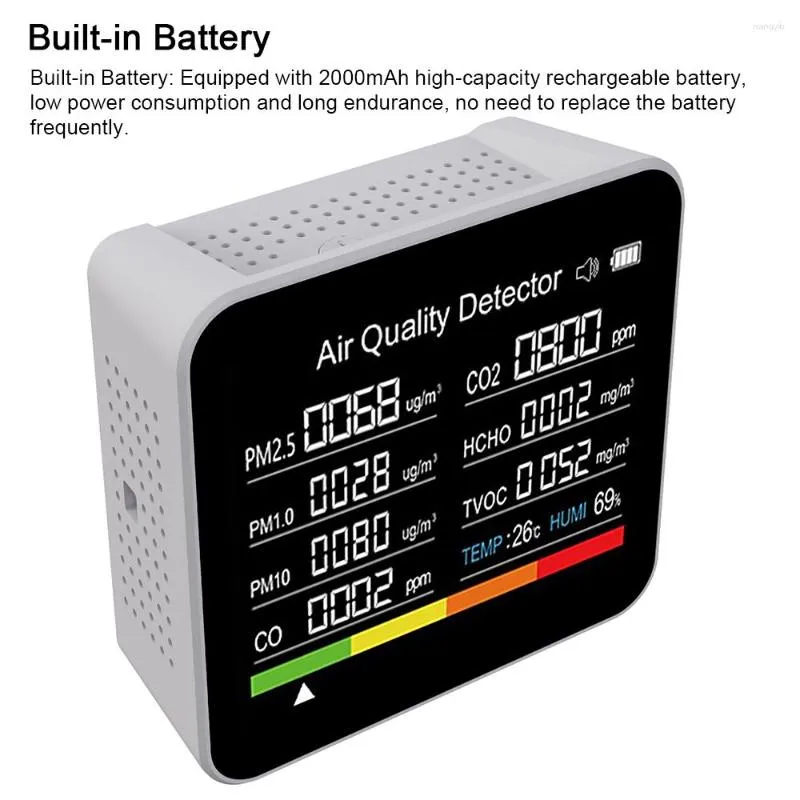 En 1 moniteur de qualité de l'air CO2 mètre détecteur de dioxyde de carbone heure/date TVOC HCHO PM2.5 PM1.0 PM10 testeur d'humidité de la température