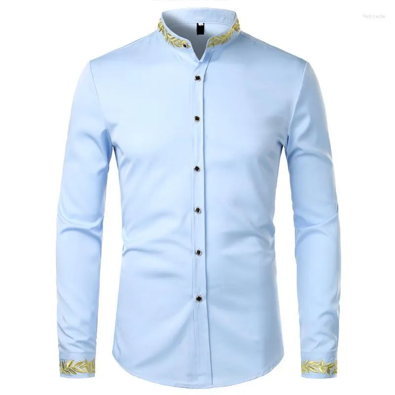 Herrklänningskjortor Men M.Y.Fantasy Gold Embroidery White Shirt Men Brand Stand Collar Mens Casual Slim Long Sleeve Chemise Homme