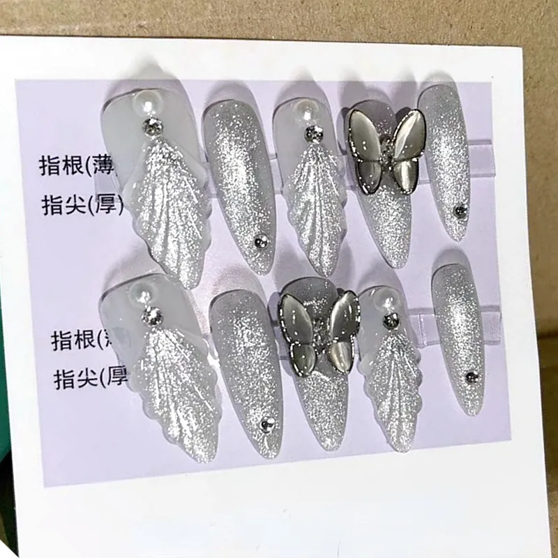 偽の爪butterfly conch design gible ghad with gluter gliter handmade long stiletto reusable tips 230626