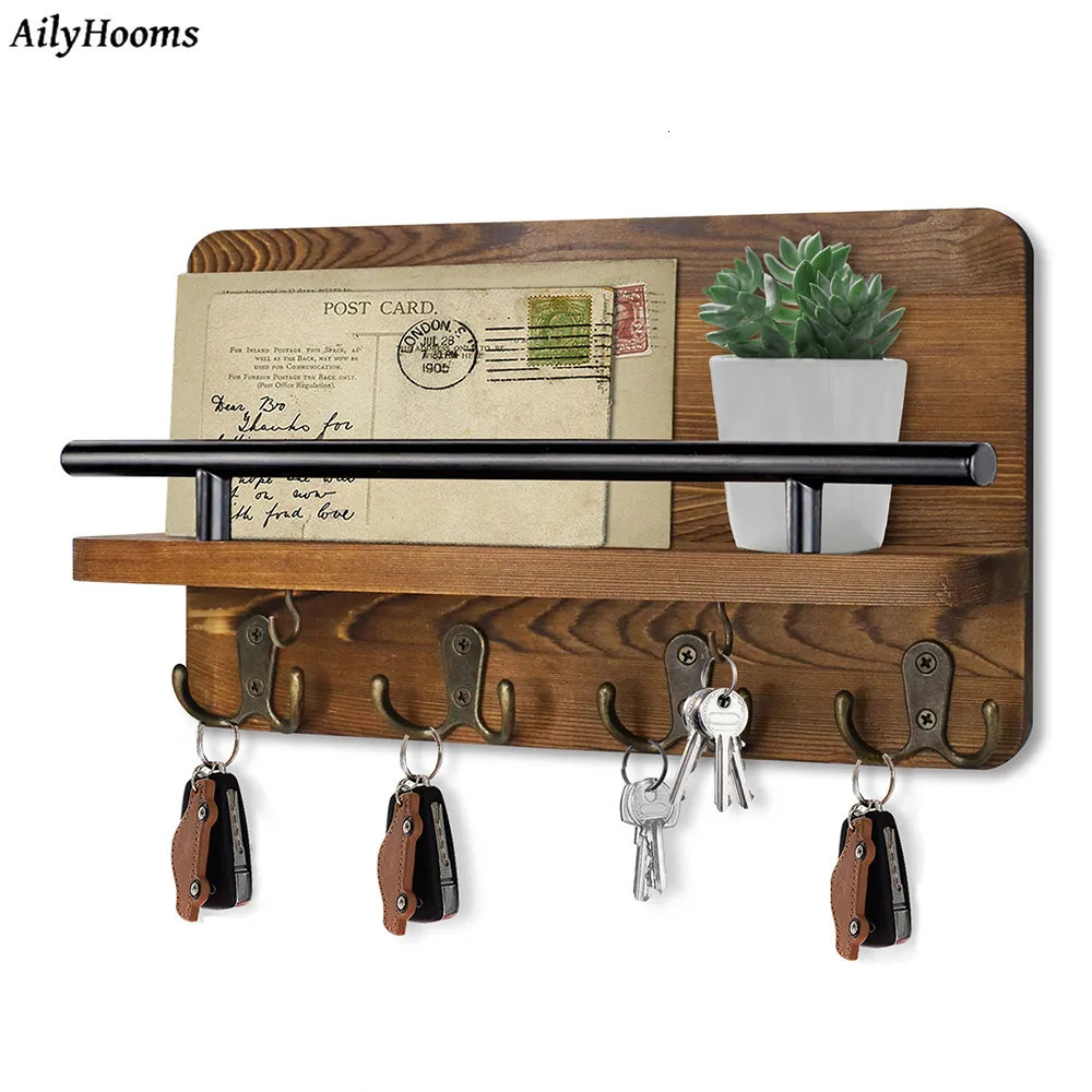 Hooks Rails Key Holder Wall Mounted Mail Hanging Rack with 10 Wooden Decorative Shelf Rustic Home Decor 230625