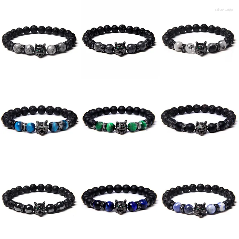 Braccialetti con ciondoli lupo maschio 8MM perlina pietra lavica nera naturale occhio di tigre blu per uomo gioielli Yoga Pulsera