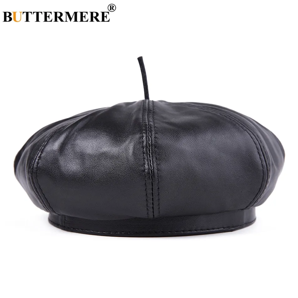 BUTTERMERE Men French Berets Hat Black Genuine Leather Painters Hat Male Natural Leather Retro Winter High-End Artist Cap Beret