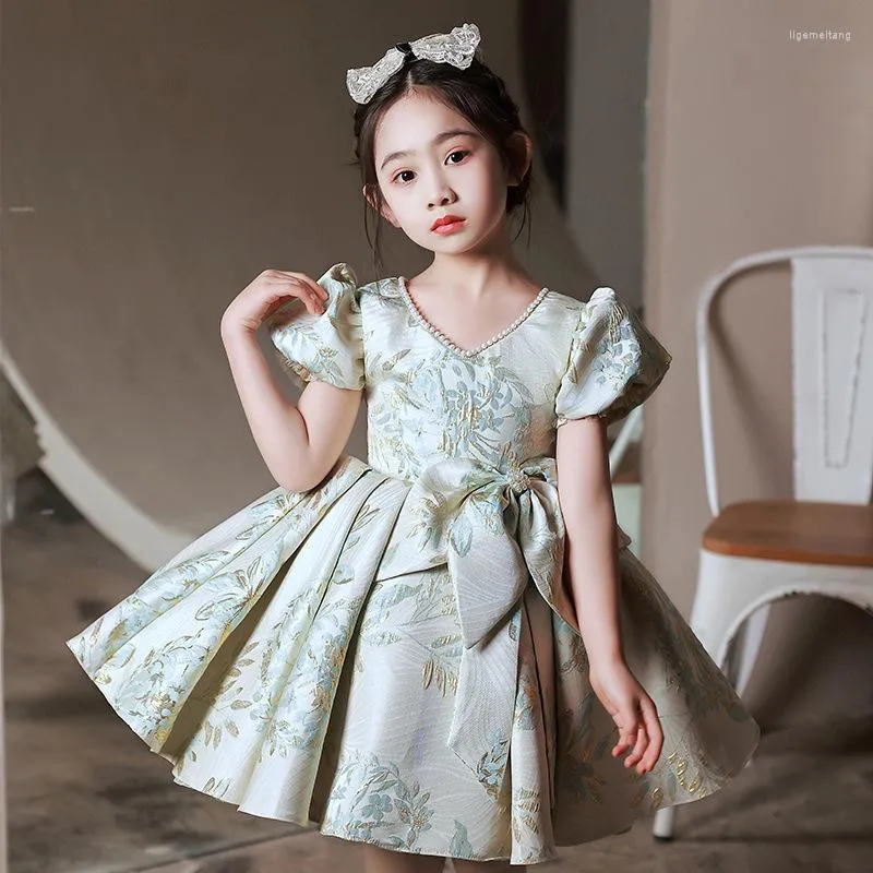 Girl Dresses Girls Evening Dress Children Fashion Luxury Pearl V-Neck Big Bowknot Puff Sleeve Princess Birthday Graduation Ball Gowns