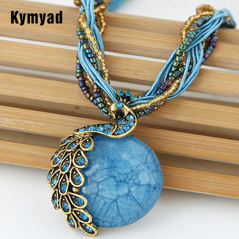Pendant Necklaces Kymyad Ethnic Jewelry Bohemian Women Beads Natural Stone Peacock Pendant Necklace Bijoux Multilayer Chain Turkish Jewelry 230626