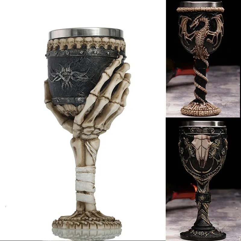 Kubki Gothic Wine Goblet Style zawierają kozą czaszkę Viking Dragon Claw Finger Metal Glass Glass Halloween Prezenty Bar Prinkware 230626